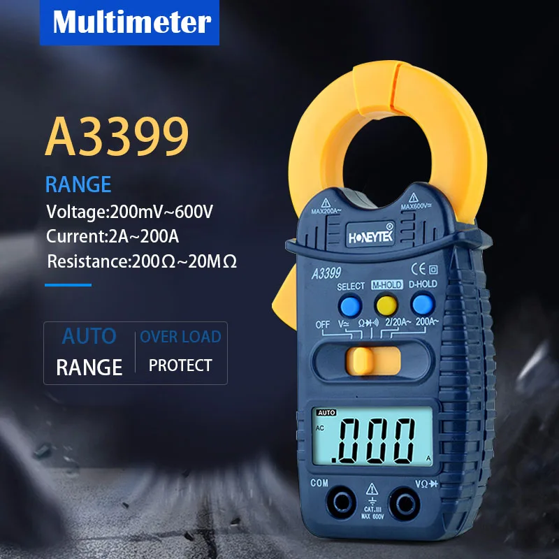 

Auto Range Digital AC Current Clamp Meter AC DC Voltage Resistance meter Ohm Tester Electronic Multimeter Tools A3399