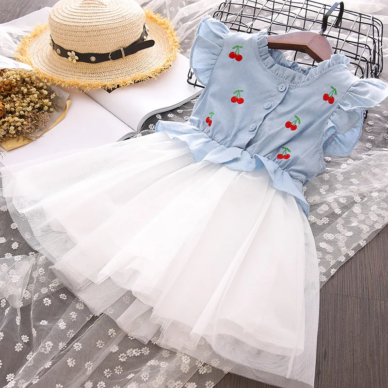 

Girls Cute New 2019 Summer Girls Mesh Yarn Light Blue Cherry Embroidery Stitching Sleeveless Kids Dresses for Girls