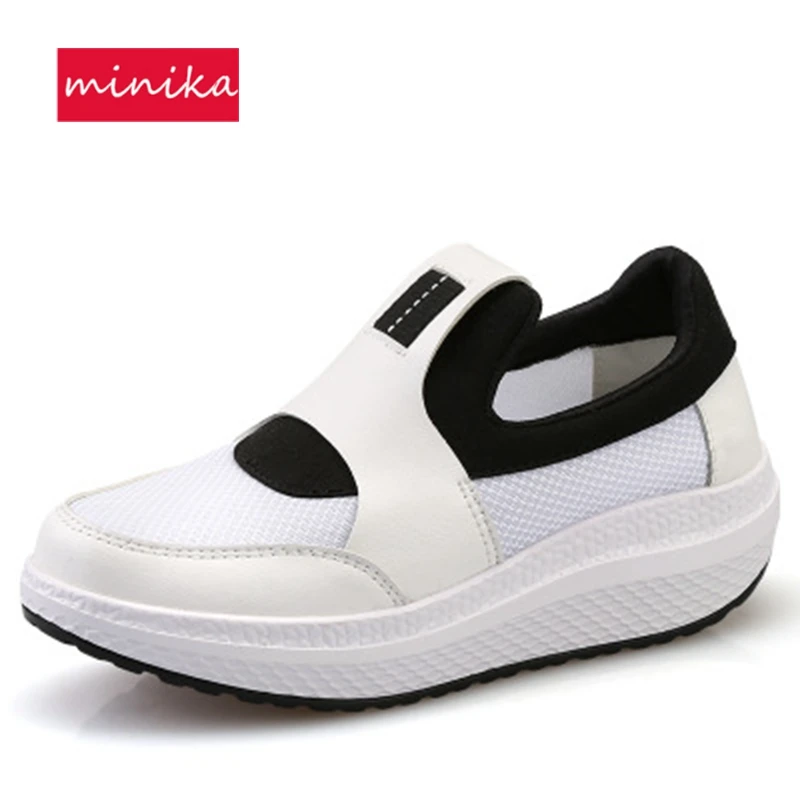 Women Toning Shoes PU&Mesh Breathable Slip-on Wedge Swing Shoes 2018 New Soft Height Increasing Lady Slimming Shoes Lose Weight