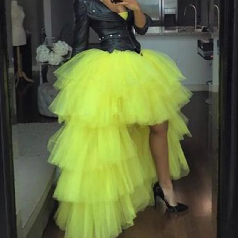 Trendy Orange Ruffles Tiered High Low Tulle Skirts Women Elastic Yellow Elastic Long Tutu Bridal Skirt Custom Made New - Цвет: Цвет: желтый