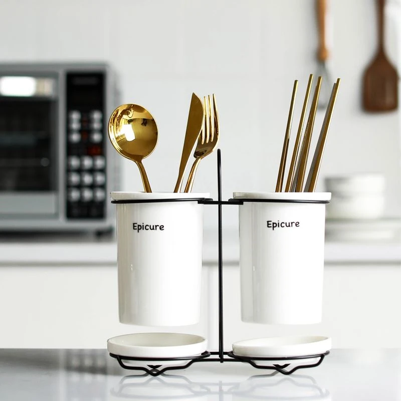 

Ceramic Chopsticks Drain Storage Holders Nordic Kitchen Multi-function Drainage Double Cylinder Iron Frame Chopstick Spoon Boxes