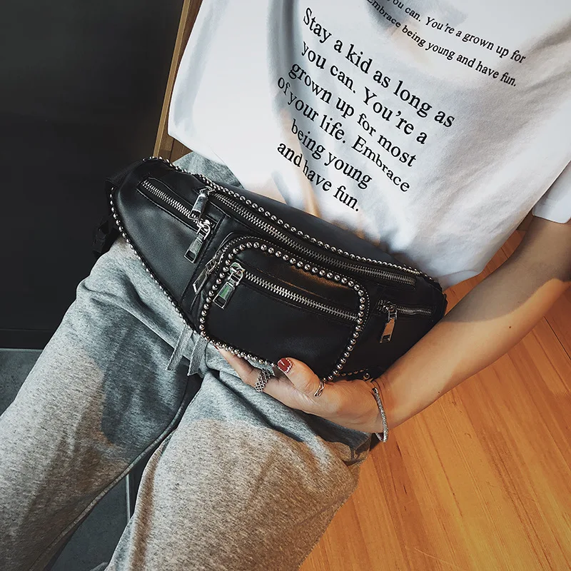 Punk Vintage Rivets Chest Bag Women Steampunk Fanny Pack Belt Black Waist Bag Moto Biker Shoulder Messenger Motorcycle Bag