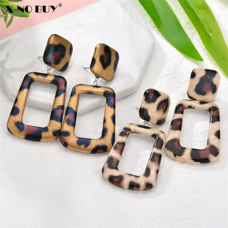 

New Classic Square Round Genuine Leather Leopard Print Drop Earrings For Women Boho Geometric Long Leopard Dangle Earring Female