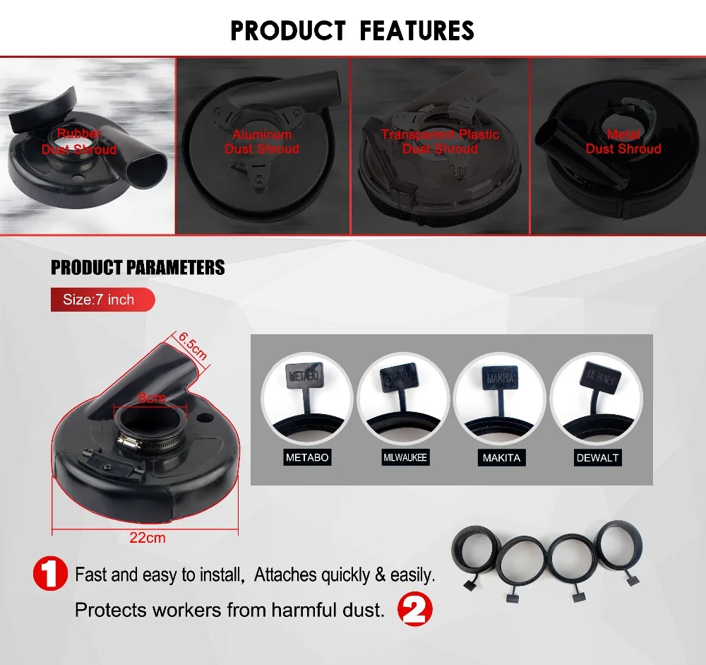 7 Inch dust shroud rubber handheld grinders dust collection dust shroud