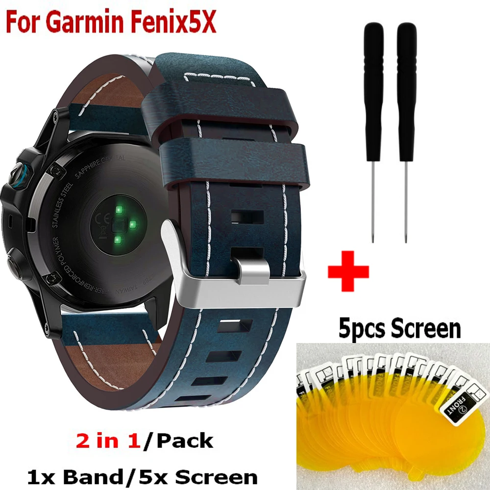 

2 In1 Leather Strap Replacement wristband for Garmin Fenix 5x Band + Screen Film For Garmin Fenix 5x GPS Watch Bands Watchband