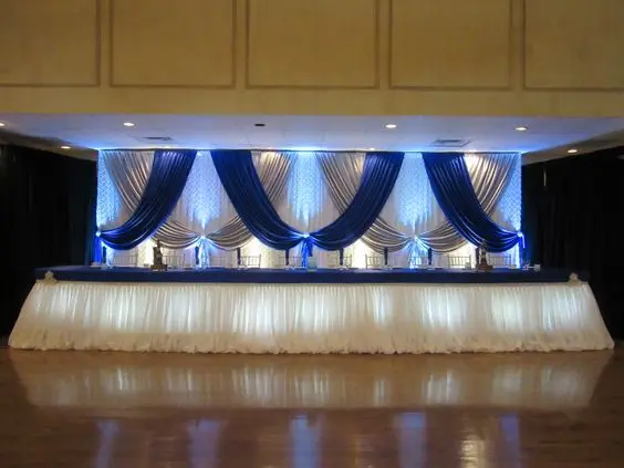 3m 6m White Wedding Backdrop With Royal Blue And Silver Swags