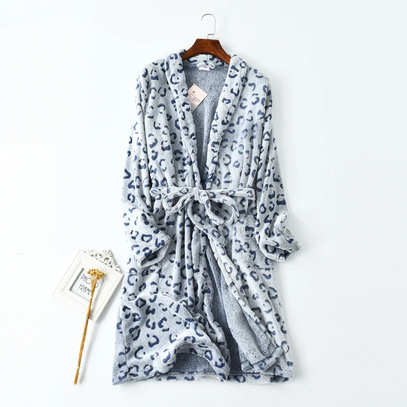 

Unisex winter fashion loose leopard print thermal fleece sleepwear bathrobe knee length comfortable soft belted lounge robe