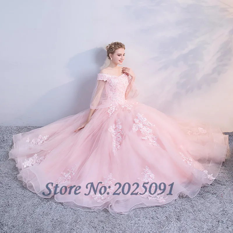 Pink Quinceanera Dresses Ball Gonw Long Prom Dress Tulle With Lace Appliques Masquerade Sweet 16 Dress Vestidos De 15 Anos