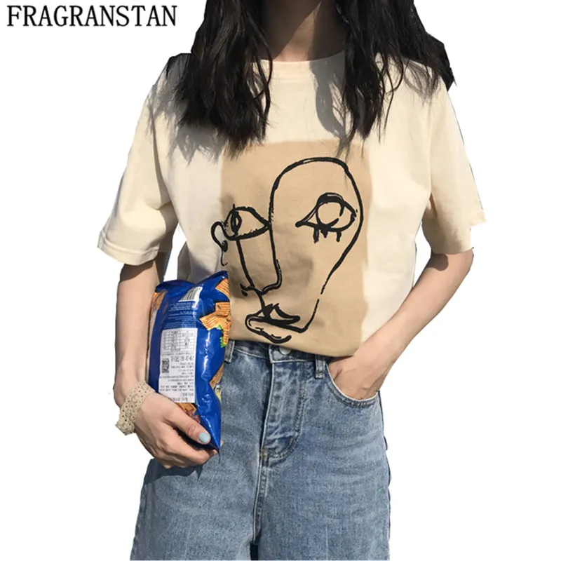 

2019 Women Summer New Fashion Abstract Print O-Neck Short Sleeve T-shirt Ladies Casual Slim Soft Tee Funny Personality Tops ZYQ