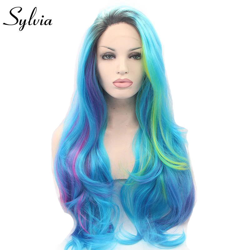 

Sylvia blue/pink/yellow mixed colorful natural wave heat resistant fiber hair glueless synthetic lace front wigs for woman