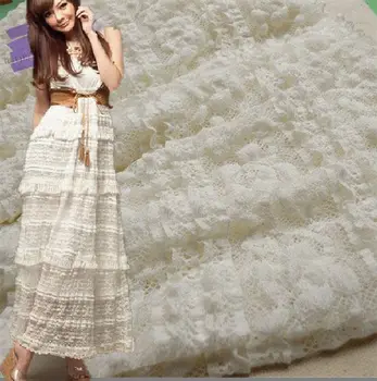 

Free Shipping Rice White Delicate Lace Stripe Fabric Cloth Elastic Hollow Out Flowers DIY Cake Skirt Fabric Cloth RS392