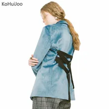 KoHuiJoo для женщин бархатный блейзер куртки Весна синий однобортный сзади кружево до модный костюм Пиджаки для дамы элегантный