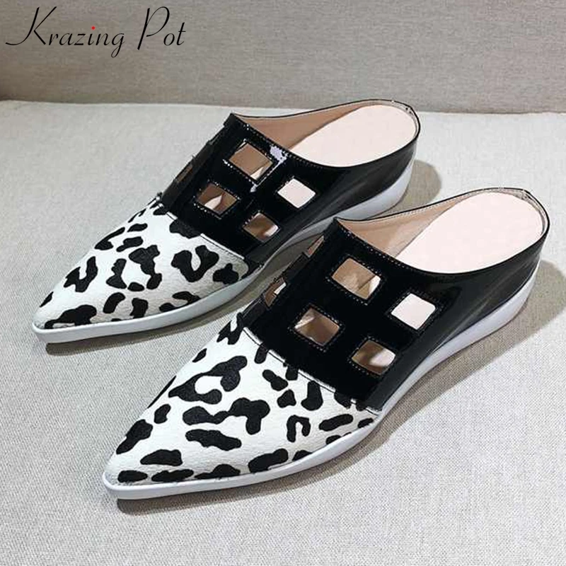 

Krazing Pot horsehair leopard prints wedges pointed toe microfiber summer fashion leather flip flop hollow vulcanized shoes L85