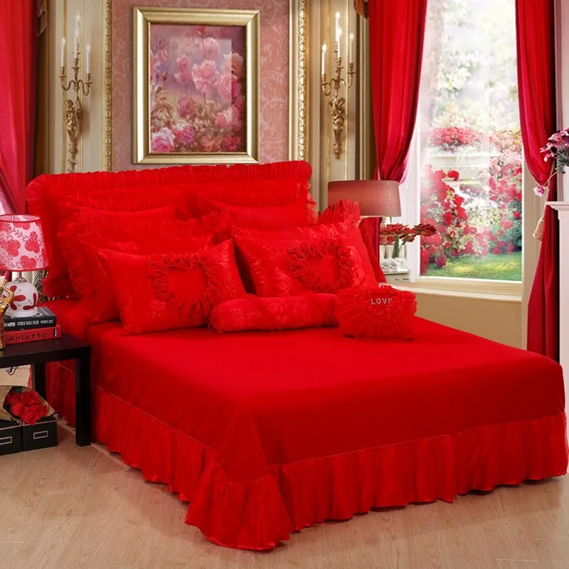Восточное кружево Красный Розовый Роскошный комплект постельного белья Королева Король Размер Свадебная кровать хлопок простыни пододеяльник набор покрывала украшения