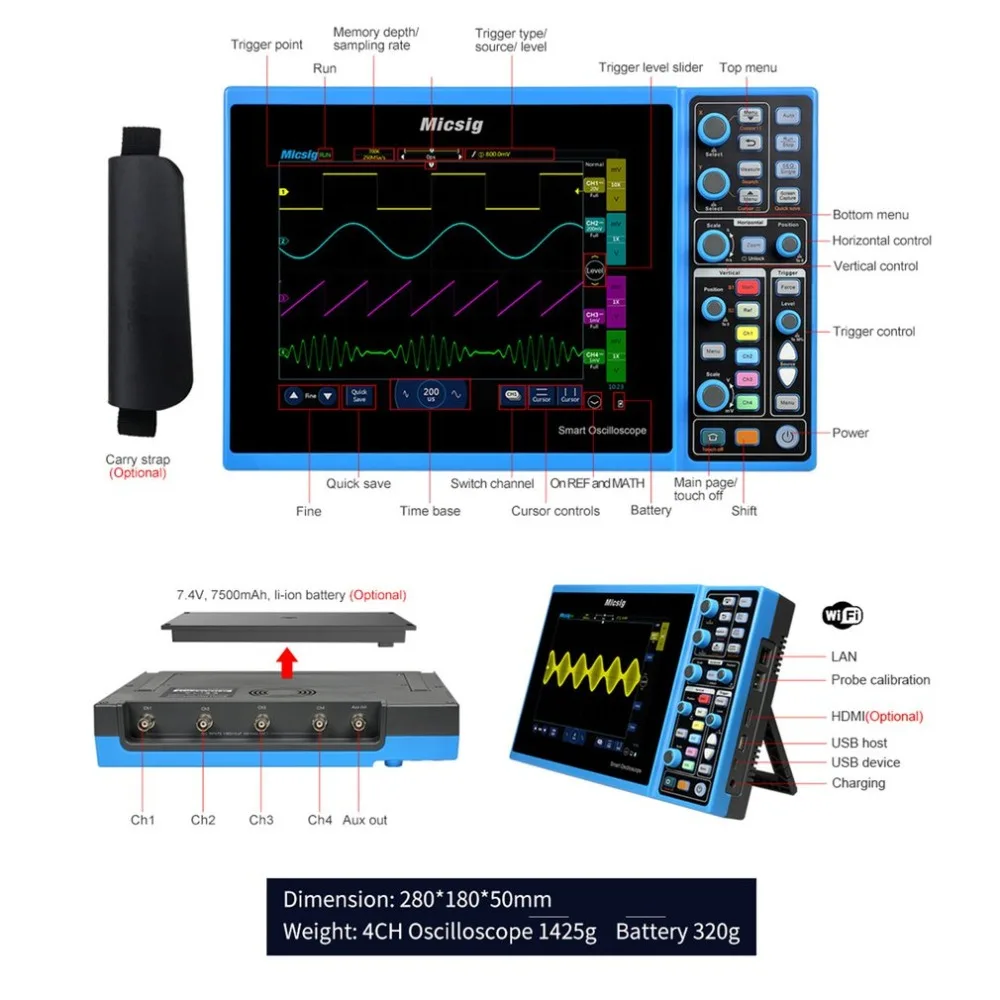 Micsig планшет осциллограф STO1104C 100MHz 4CH 1GSa сенсорный экран с батареей