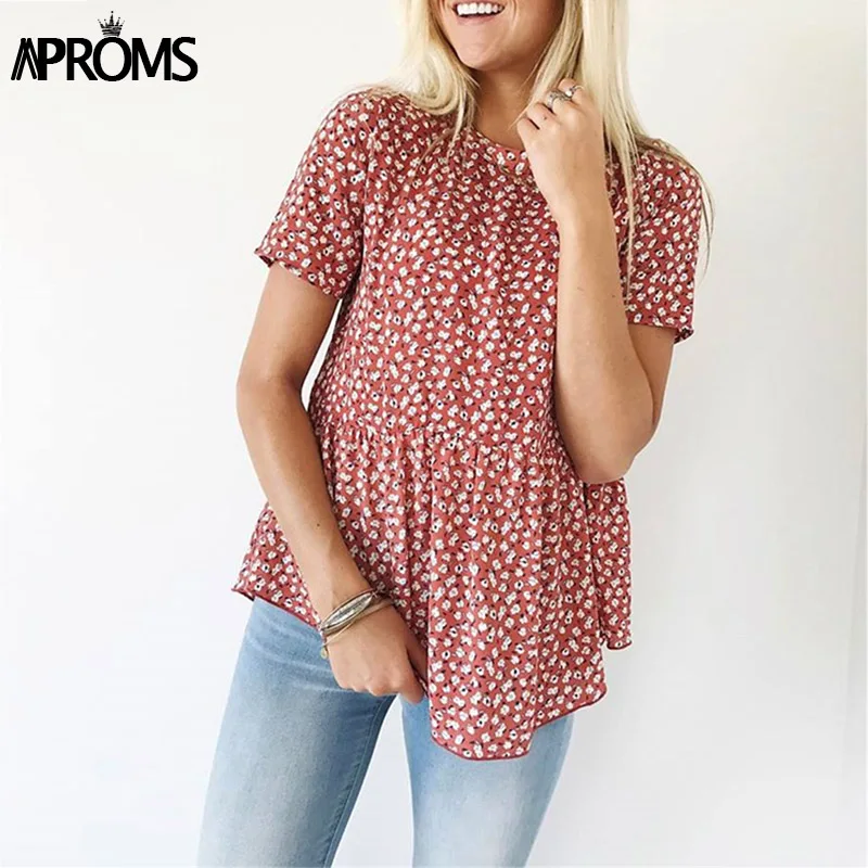 Aproms Корейская Милая футболка с цветочным принтом, женская летняя футболка с коротким рукавом, свободная Мягкая футболка, женские топы, женская одежда