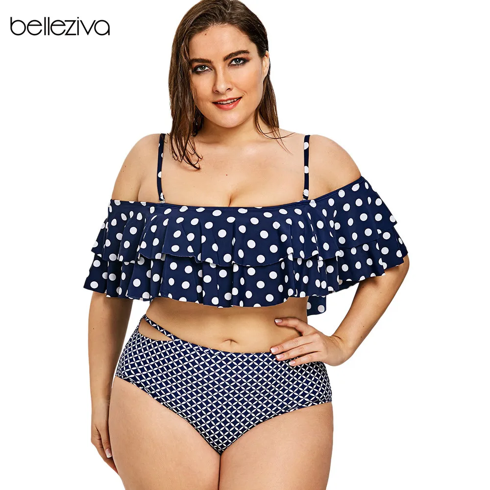 

Belleziva Women High Waist Swimsuit Sexy Bikinis Swimwear Tiered Flounce Polka Dots Bikini Bathing Suits Swimwear Plus Sizes