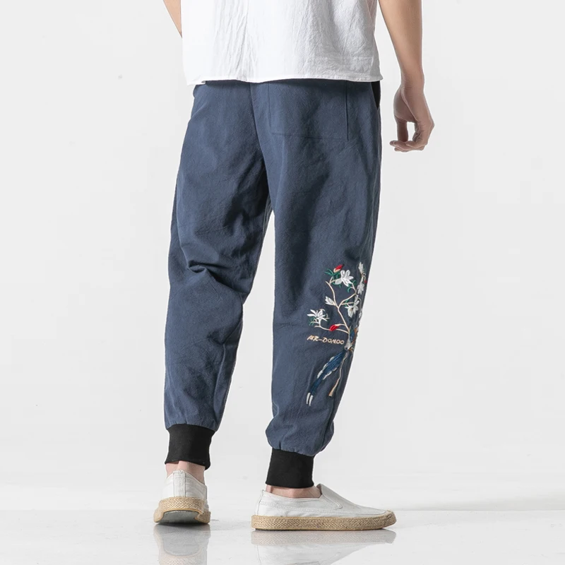 

MRDONOO 2019 New Spring Cotton Linen Men's Pants Full Length Drawstring Jogger Pants Plus Size Embroidery Trousers