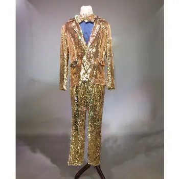

Gold Silver sequins 3 Piece Stage Suit(Jacket+Pants+Tie) Men Bullfight Dance Jazz dance Singer Suit Blazer singer Costume
