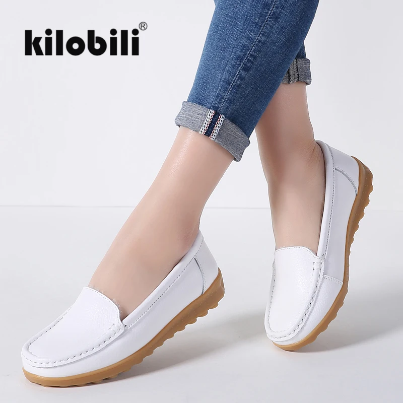 

kilobili 2018 Women Ballet Flats Shoes Genuine Leather Slip on Plush Winter Moccasins Shoes Women Classic Loafers Shoes Ladies