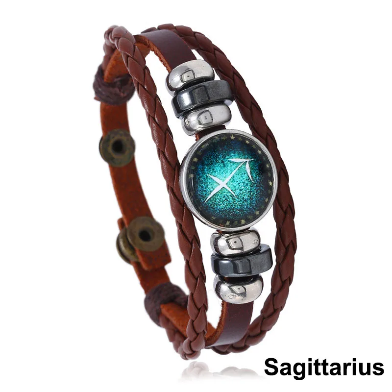 Sagittarius Натуральная кожа плетеные знаки браслет со знаком зодиака 12 созвездий браслет для мужчин и женщин пара ювелирные изделия, браслеты в подарок - Окраска металла: Sagittarius