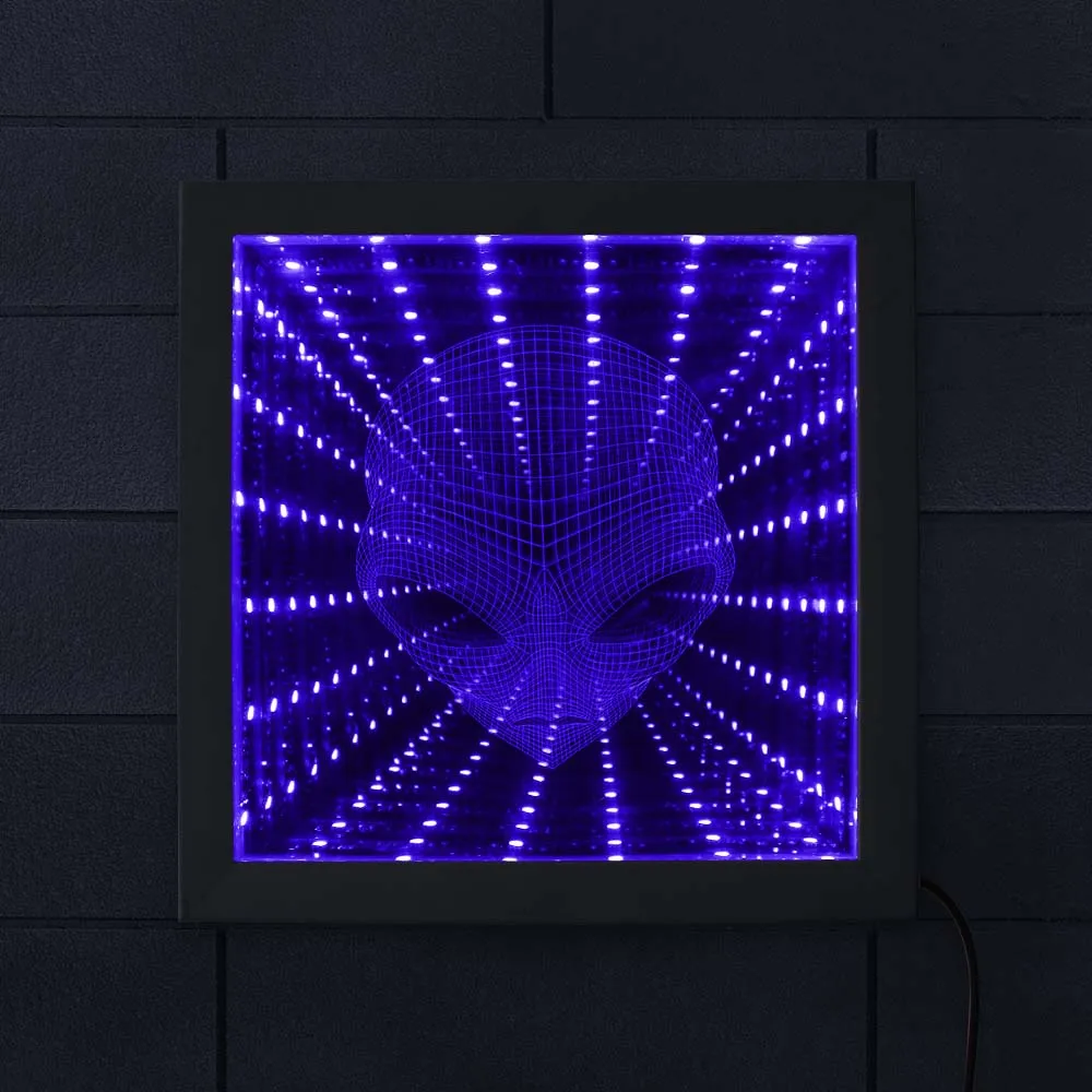 

Alien Head Color Changes Lighted illusion Mirror Saucer Man LED Infinity Mirror Frame 3D Stunning Optical Illusion Tunnel Lamp