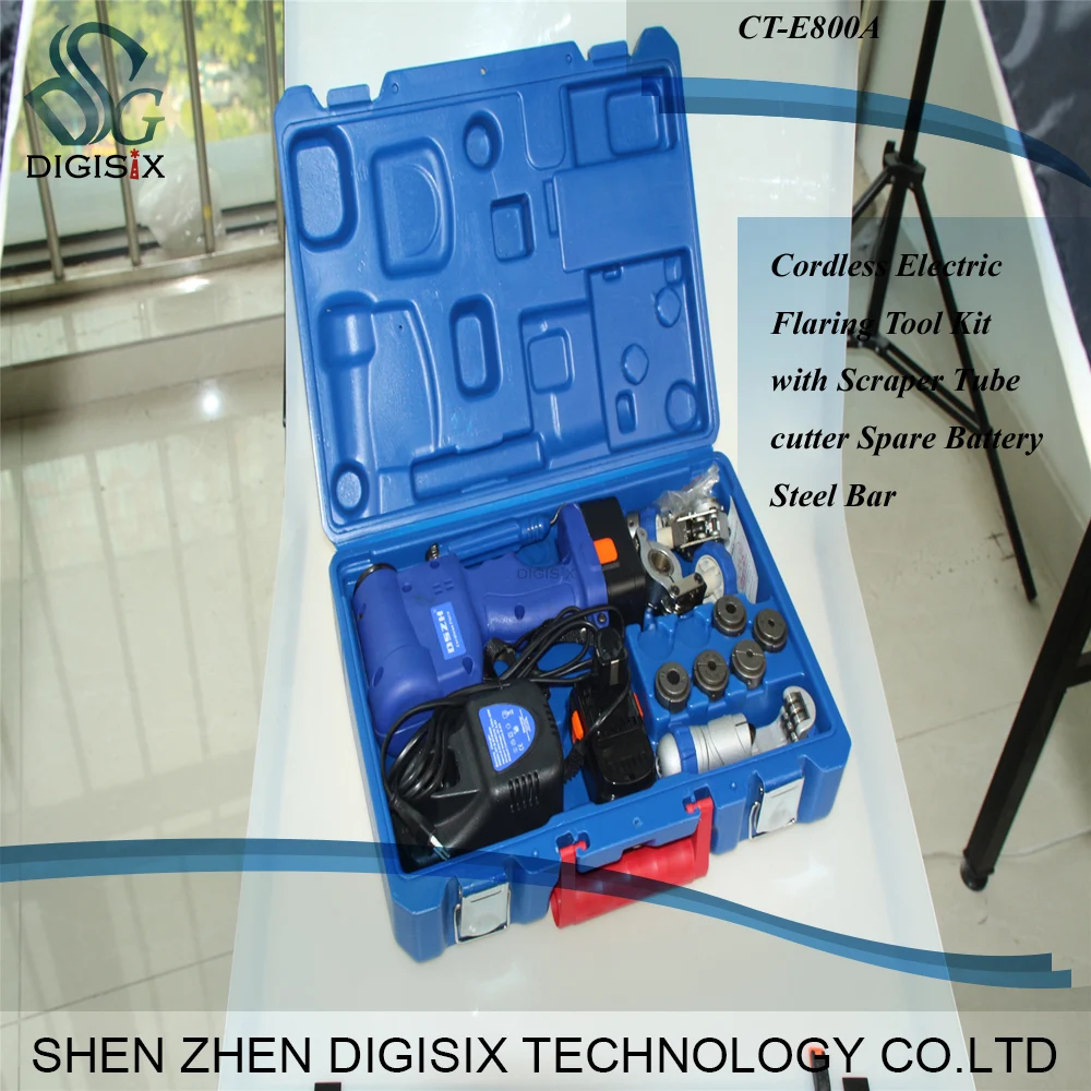 

Free shipping Cordless Electric Flaring Tool Kit with Scraper Tube cutter Spare Battery Steel Bar CT-E800A high quality