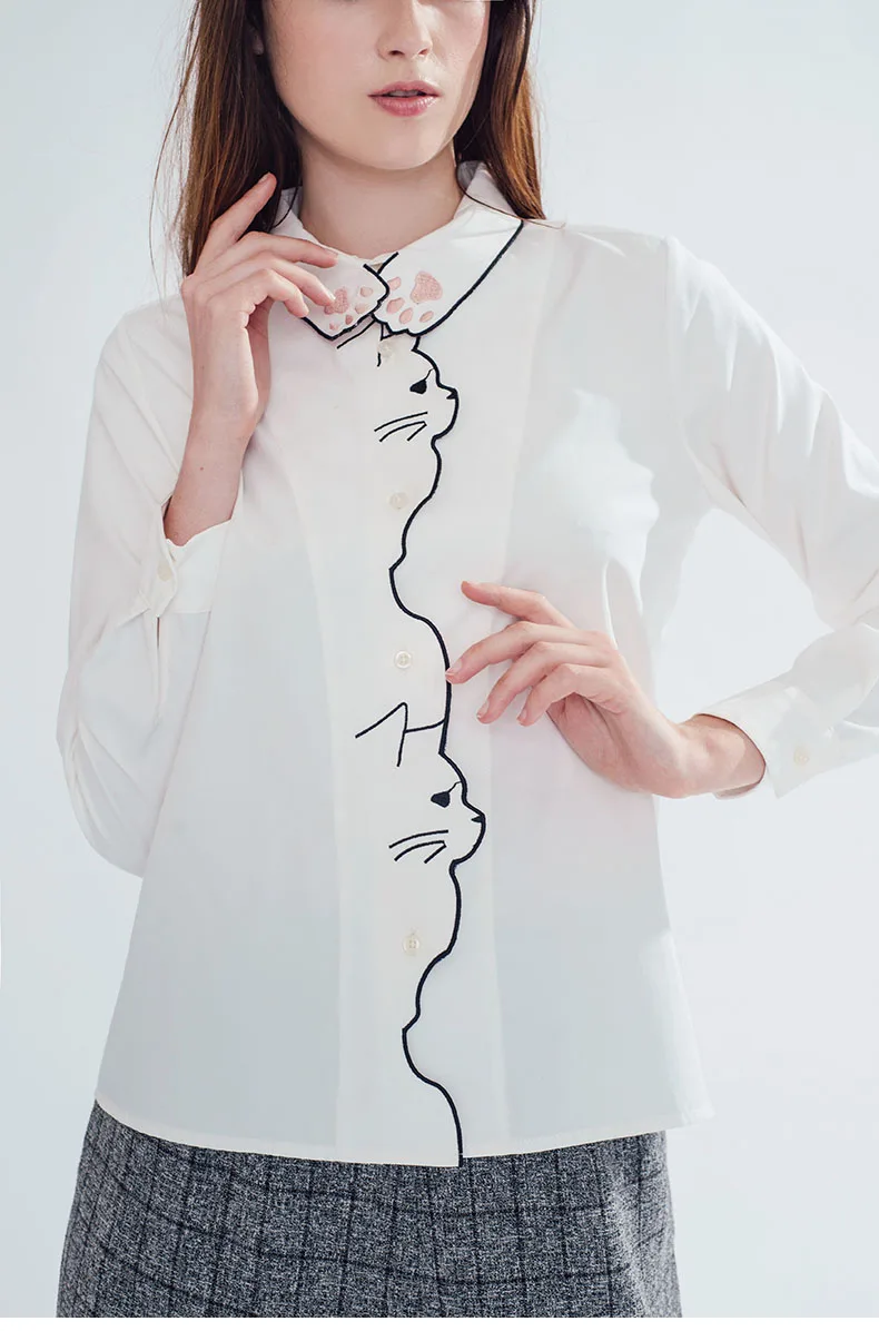 Cute Cat Embroidery Collar Blusa Feminino 2019 Spring Vintage White Blouse Long Sleeve Shirt