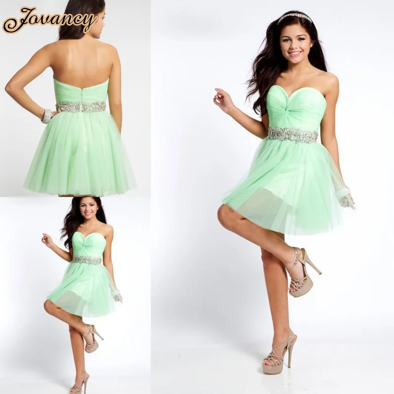 Simple Sweetheart Beaded Chiffon Ball Gown Prom Dress Short Mint Green