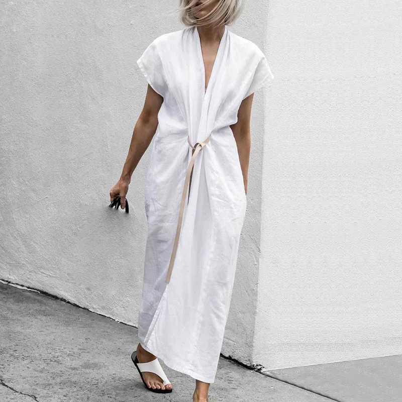 

Women Fashion Dresses V-Neck Split With Belt Loose Solid Color Short Sleeve Summer Female Dress