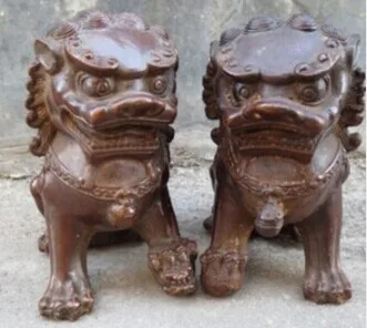 

Collect 1Pair Chinese copper Guardian Lion Foo Fu Dog Statue 12*11CM/PC