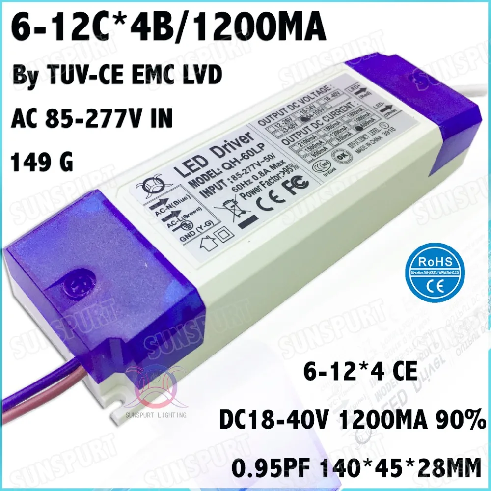 

2 Pcs By TUV-CE 60W AC85-277V LED Driver 6-12Cx4B 1200mA DC18-40V DC line Constant Current LEDPower For Spotlights Free Shipping