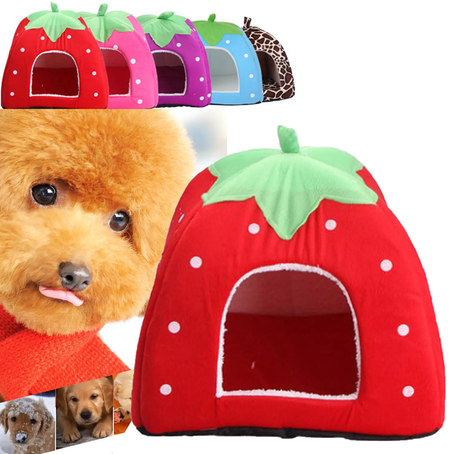 

Foldable Soft Warm Strawberry Kennel Bed Nest House For Pet Dog Cat Piggy + Mat