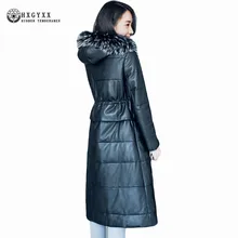 Тонкий Лисий меховой воротник перо парка Новая зимняя женская теплая верхняя одежда длинная овчина с капюшоном куртка из натуральной кожи Oka813