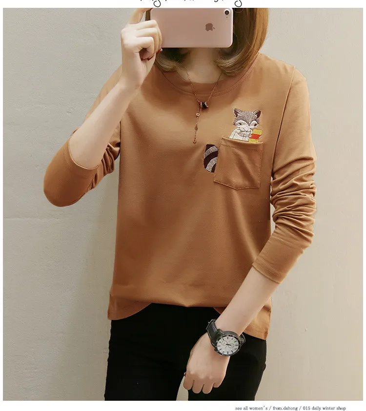Модная новая Брендовая женская мультяшная футболка с вышивкой женский осенний Повседневный Топ размера плюс M-5XL свободная футболка с круглым вырезом и длинным рукавом