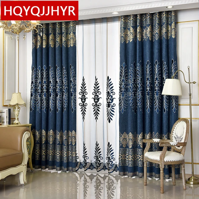 Blue Brown Luxury Embroidered Villa Blackout Curtain For Living Room Blue Brown Luxury Embroidered Villa Blackout Curtain For Living Room Windows Eorope High End