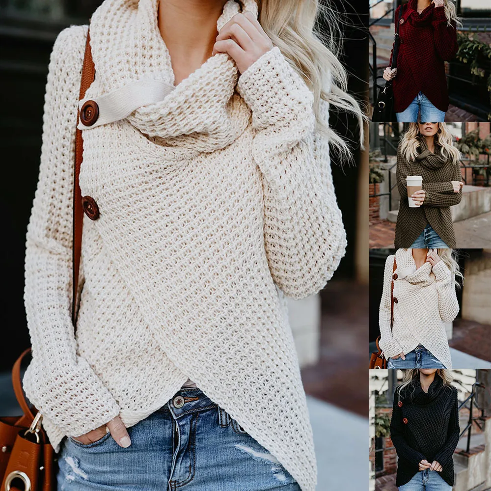 

Women Sweaters 2019 Autumn Causal Buttons Turtleneck Irregular Cardigan Fashion Wool Open Stitch Street Warm Female Sweaters
