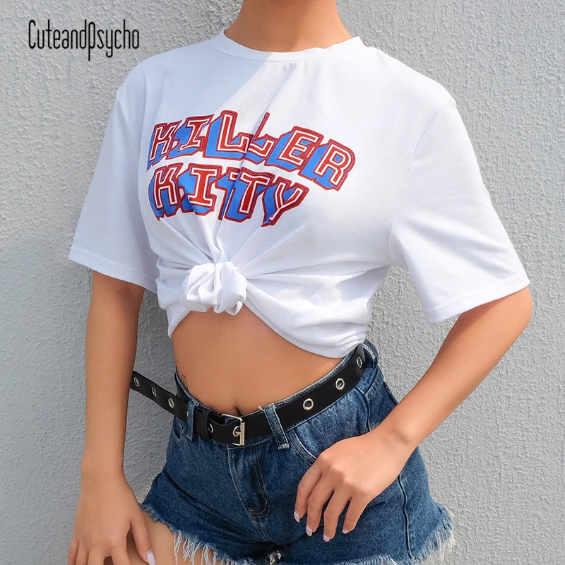 

O-Neck Kawaii Cute Streetwear T Shirt Casual Loose Short Sleeve T-shirt Letter Printed Basic Cotton Crop Tops Tees Cuteandpsycho