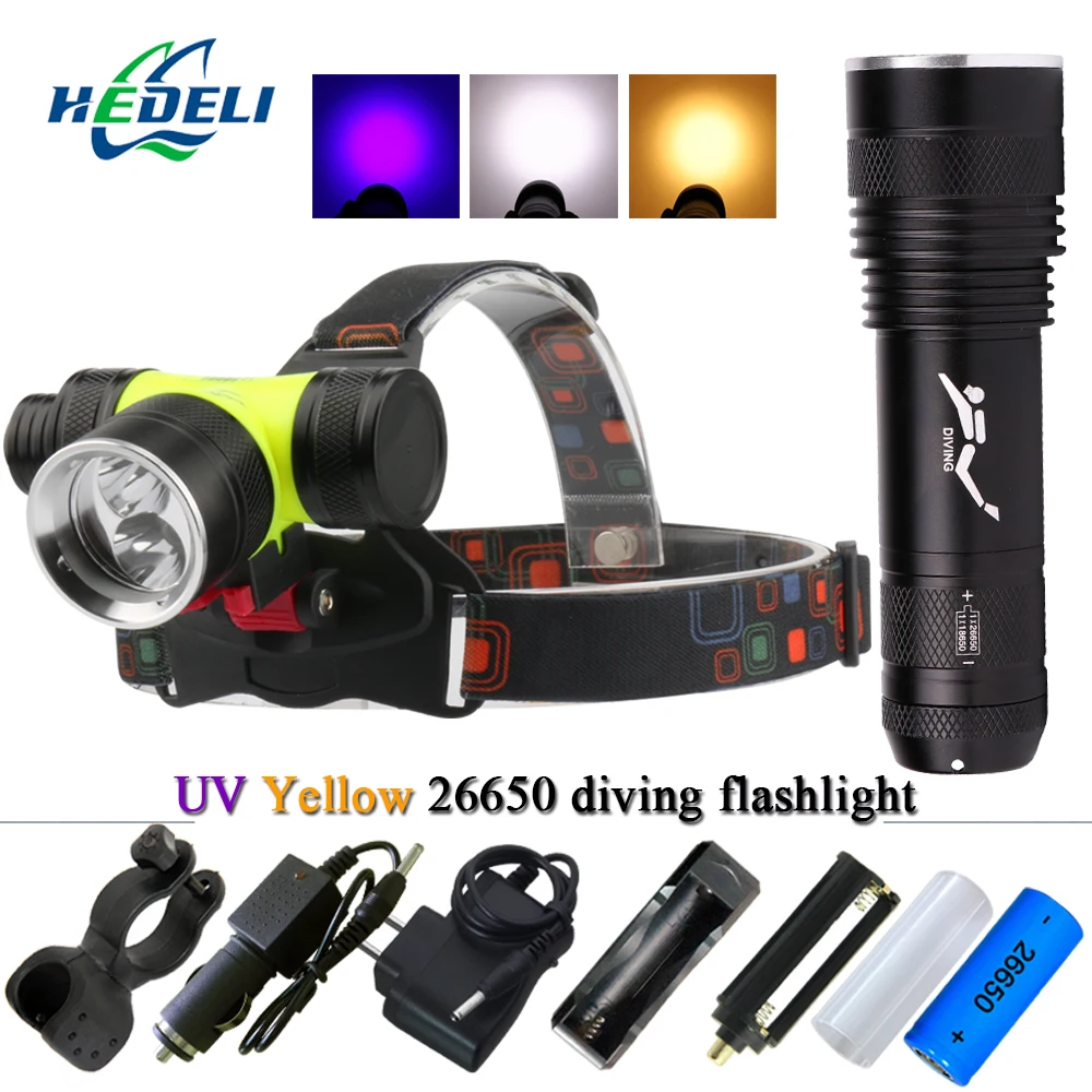 

Led diving headlight flashlight UV purple yellow bicycle light rechargeable Underwater head light 26650 rechargeable battery