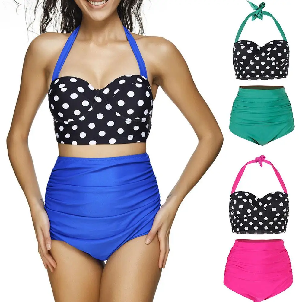 

Women Polka Dot Halter High Waist Ruched Swimsuit Two-piece Summer Bikini Set