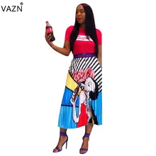 VAZN Весна Горячая Новое поступление сексуальные женские с мультяшным лицом печати Свободные юбки леди шифон Империя гофрированные длинные юбки ALS098