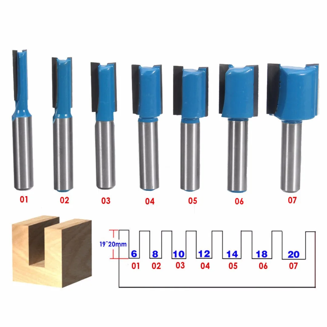 1pc/7pcs 8mm Shank Straight Router Bit Set 6/8/10/12/14/18/20mm Cutting Diameter New