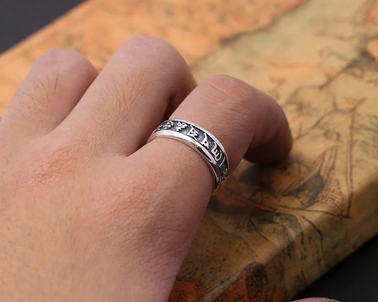 S925 Sterling Silver Retro Thai Gioielli In Argento Sei Parole Scritture Maschili E Femminili Open Ended Anelli