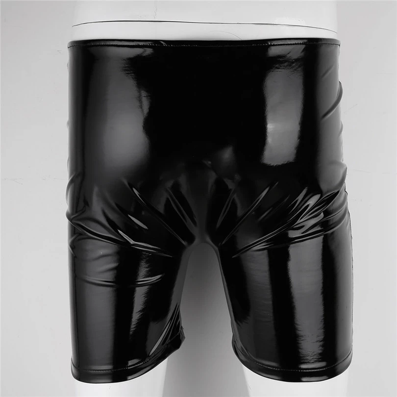 IEFiEL новые черные сексуальные мужские Эротическое белье блестящая лакированная кожа Открытый пенис отверстие длинные ноги боксеры короткие трусики клубная одежда