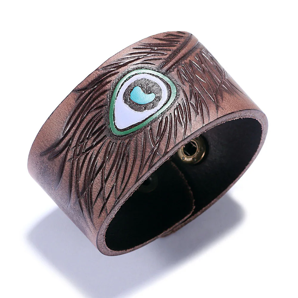 

Kirykle 2018 New Brown Black vintage genuine leather bangles Charm Wide leather bracelet for women peacock feathers bracelet