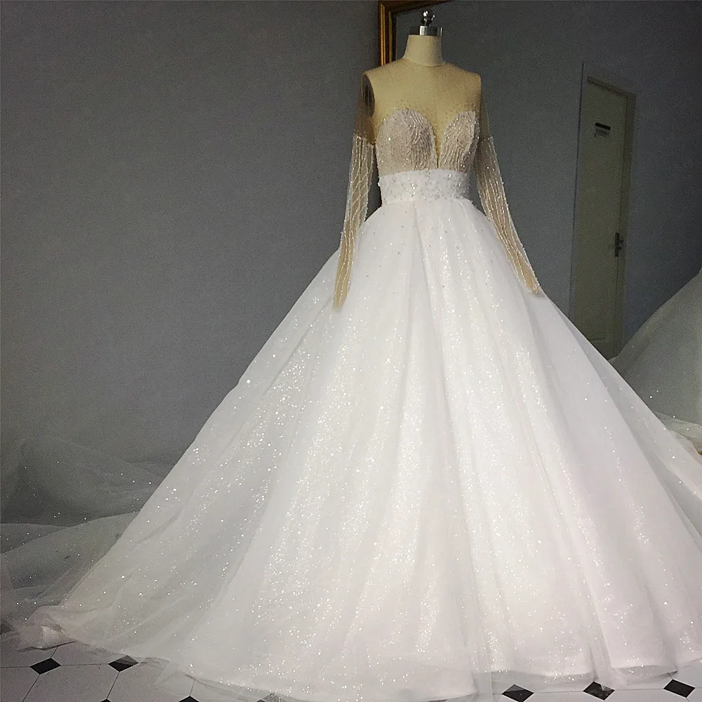 RSW1427 Luxury Bling Bling Bridal Dresses 2018 Long Bow-Knot Ribbon Long Sleeves Illusion Back Glitter Wedding Dress (1)