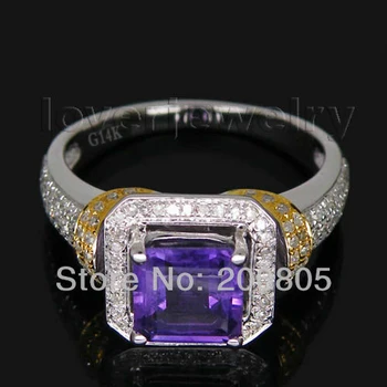 

Solid 14Kt/AU585 Two Tone Gold Natural Princess cut Amethyst Diamond Wedding Ring for Women Anniversary Jewelry G090326