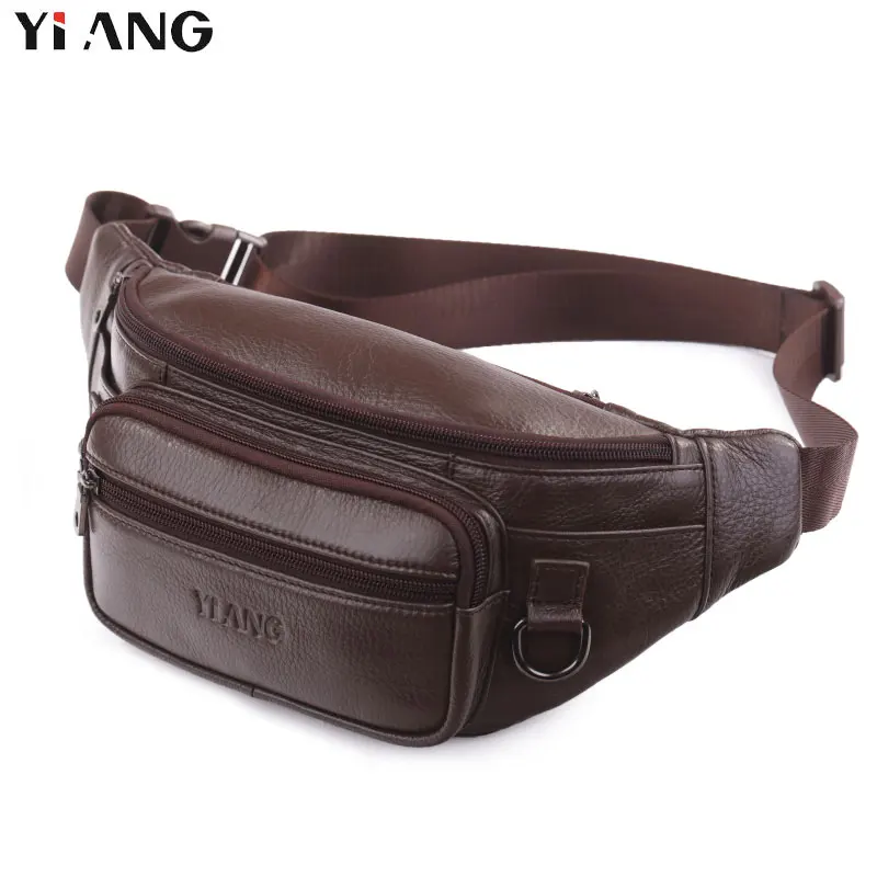 

YIANG 2018 Men Geniune Leather Waist Bags Fanny Packs Retro Belt Bags Cell Phone Purse for Male Fashion Travel Pouch Brown