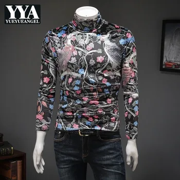 

2019 New Fashion Turtleneck Printed T-Shirts Man Long Sleeve High Neck Casual Mens Tees Autumn Winter Thick Warm Streetwear Tops
