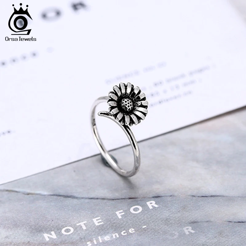 ORSA JEWELS Real 100% 925 Sterling Silver Ring Women Daisy Shape Vintage Adjustable Wholesale Female Girl Silver Jewelry PSR48